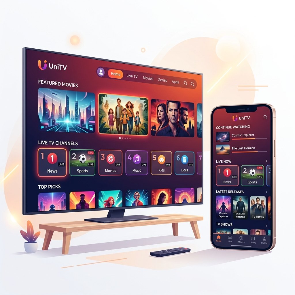 Aplicativo UniTV rodando em Smart TV e Celular Android mostrando canais ao vivo e filmes